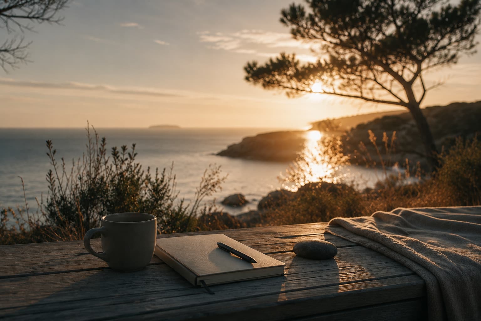 A notebook and cup on a table overlooking the sea at sunset