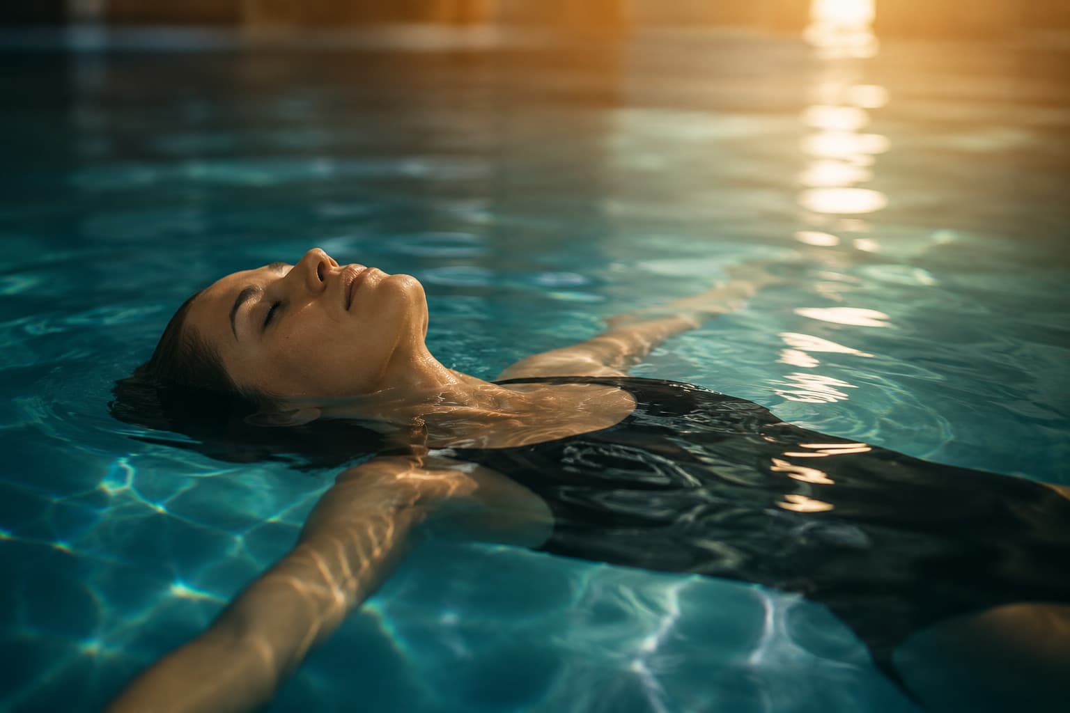 A woman floating on her back in calm blue-green water