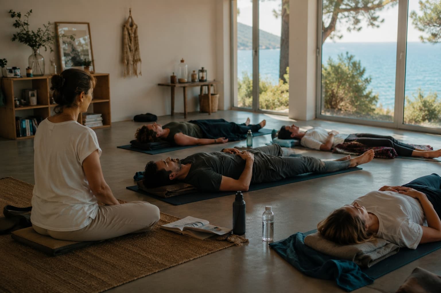 People lying down during a guided relaxation practice in a sea-facing studio