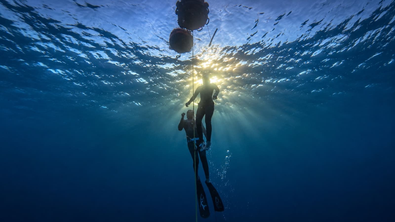 Two freedivers descending beside a dive line in open water