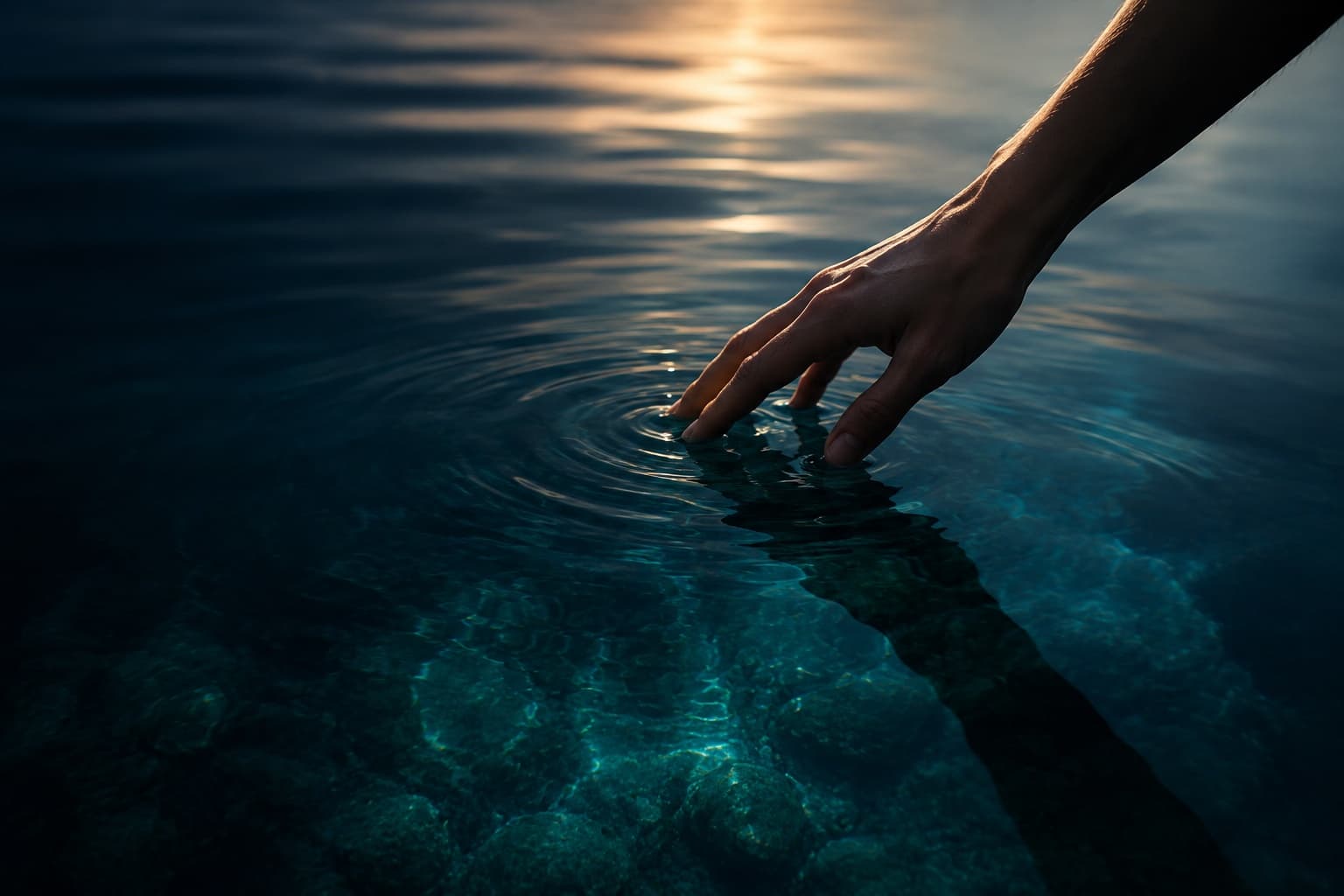 A hand gently touching the surface of water in warm evening light